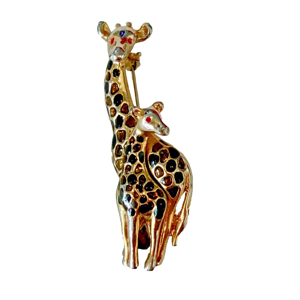Vintage Gold Tone Enamel Giraffe Mother and Baby Brooch Pin Animal Jewelry